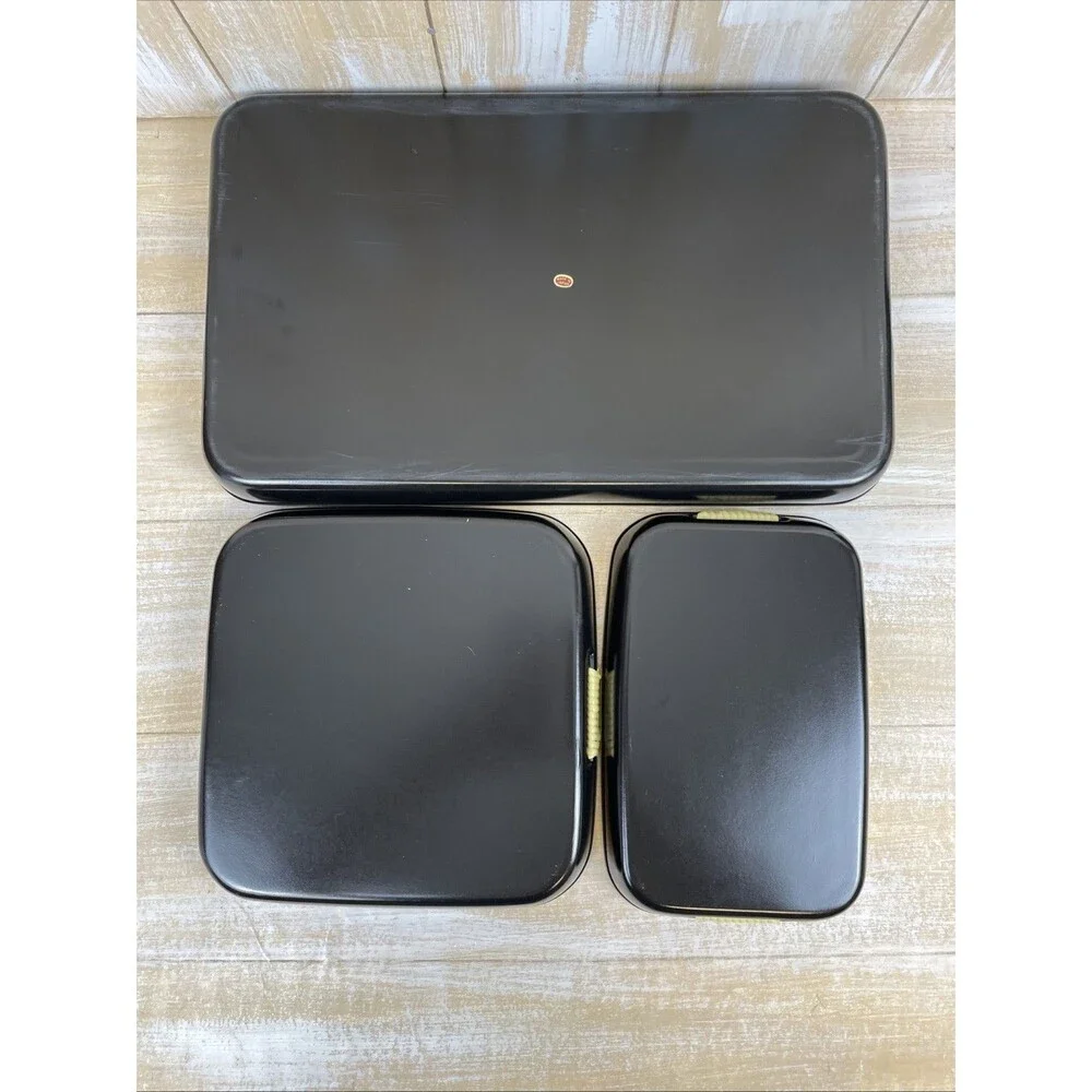 Vintage 3 Pc Nesting Serving Tray Set Lacquerware Iris Black & Gold Toyo Japan